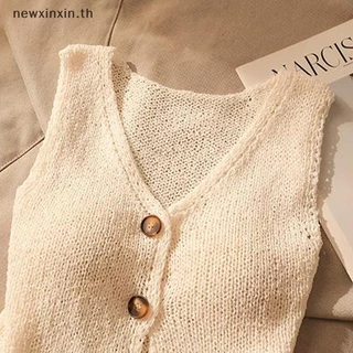 ^N^ ฤดูร้อนแฟชั่นสีทึบปุ่มเก๋คอวีแขนกุดถักเสื้อชั้นในสตรี {T}