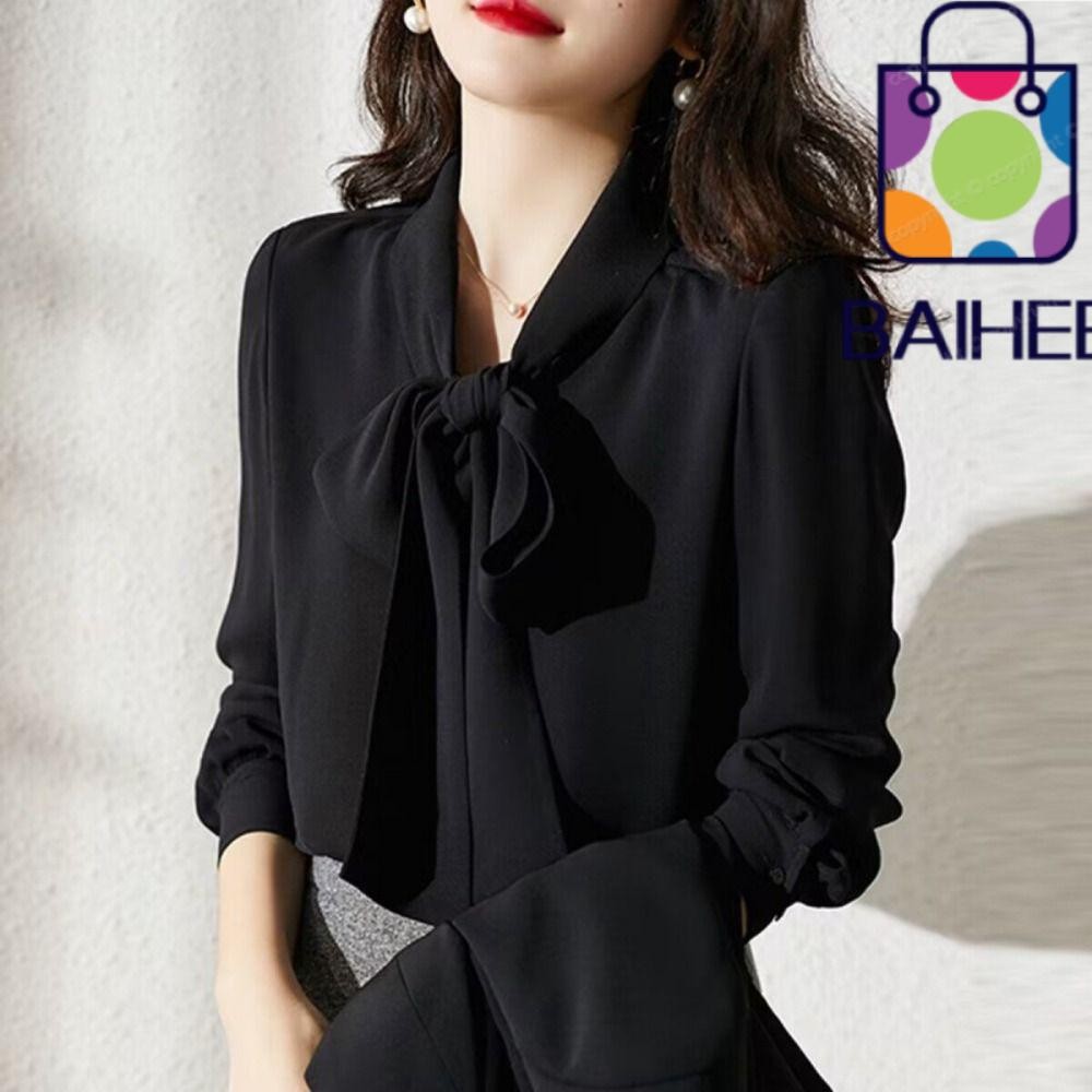 Baihee เสื้อผู้หญิง, เสื้อเชิ้ตแขนยาวสีทึบ Riband, Fashoin ชีฟอง Slim Fit เสื้อเชิ้ตสีขาว