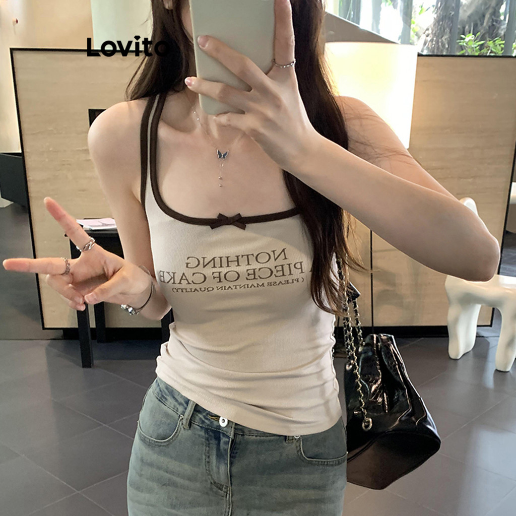 Lovito เสื้อแขนกุดผู้หญิง ลายตัวอักษร แต่งโบว์ คัลเลอร์บล็อก สไตล์ลำลอง LNE70421