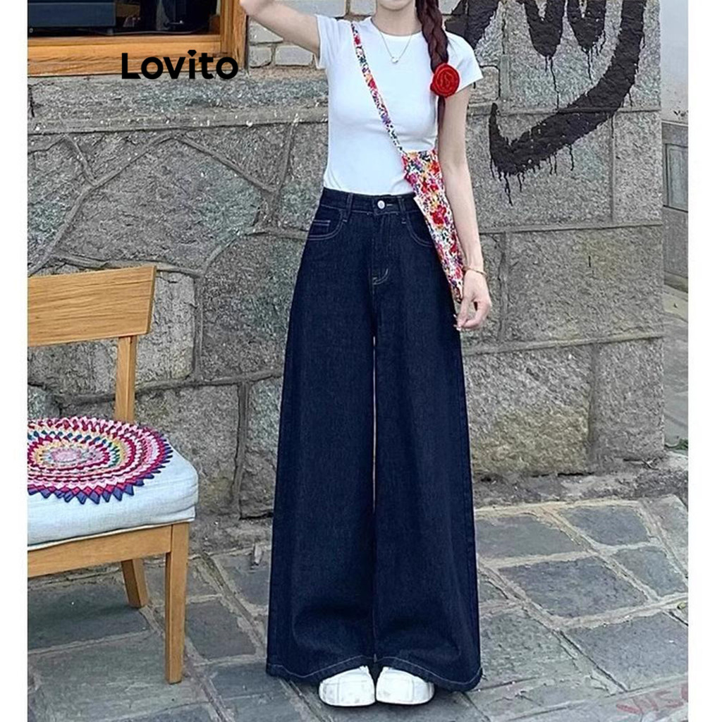 Lovito กางเกงยีนส์ผู้หญิง สีพื้น มีกระเป๋า LNA70690