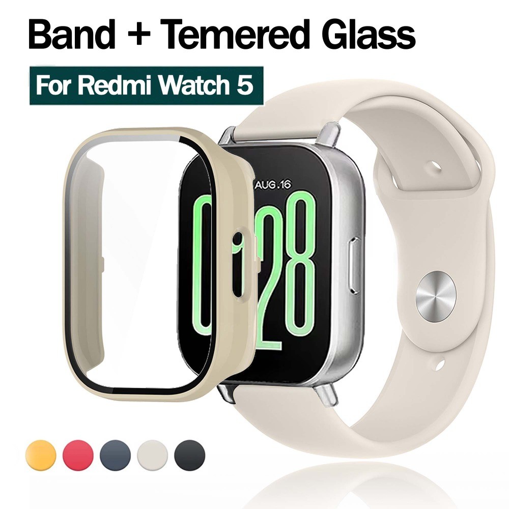 สายรัดซิลิโคน + เคสป้องกันกระจกสําหรับ Xiaomi Redmi Watch 5 Active /5 Lite สายรัดสีทึบปกป้องหน้าจอ