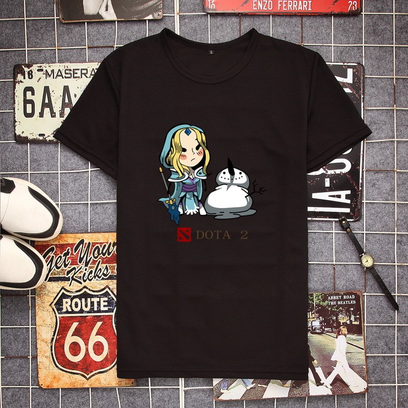 dota2 เสื้อยืดเกม DOTA 2 น้ําแข็งสาวสวนสาธารณะสีดําแขนสั้นเสื้อยืดผู้ชายวินเทจด้านบน