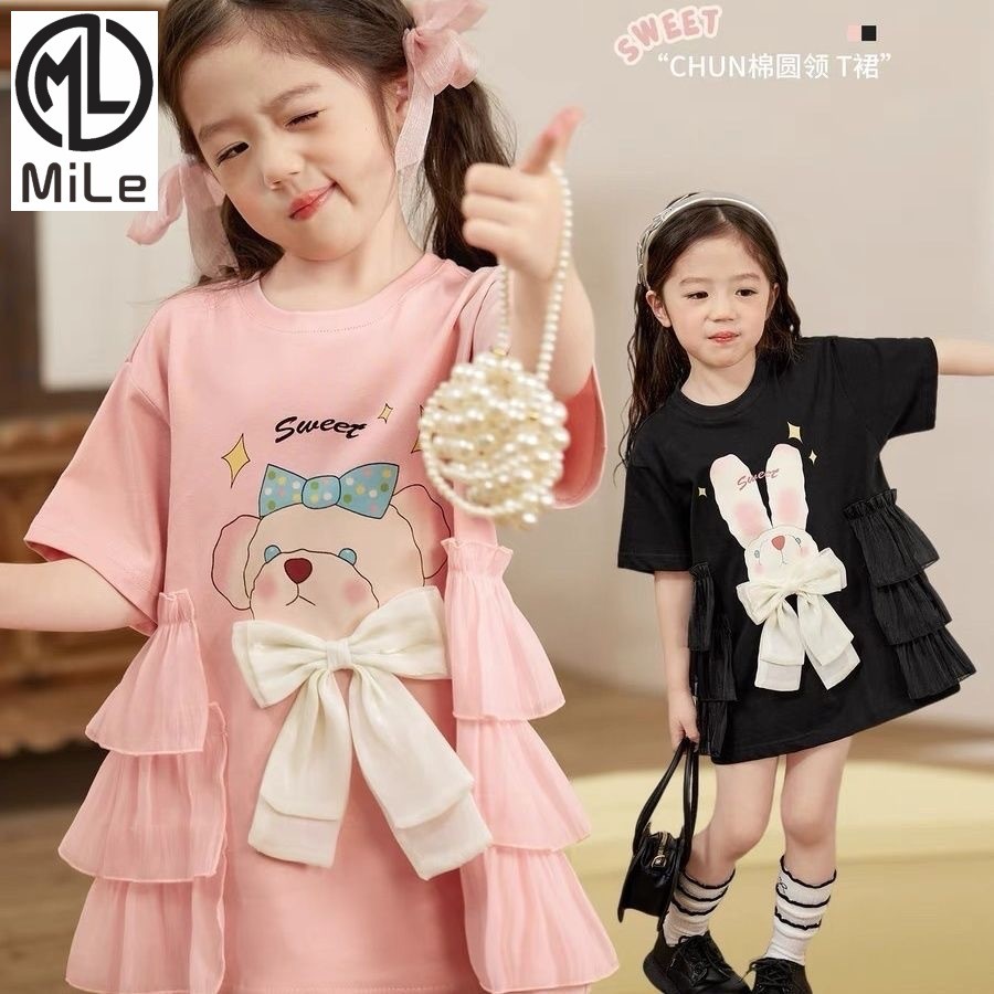 [ML] 90-140CM เสื้อยืดแขนสั้นเด็กผู้หญิงฤดูร้อนสไตล์ใหม่เสื้อผ้าเด็กสาวฤดูร้อนชุดเย็น