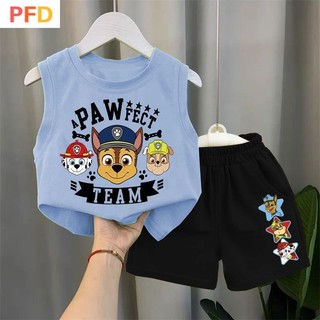 paw patrol วังทีมเด็กการ์ตูนสูทเสื้อยืดสไตล์ใหม่ผ้าฝ้ายแท้เสื้อกั๊กแขนกุดกางเกงขาสั้นชุดสองชิ้น