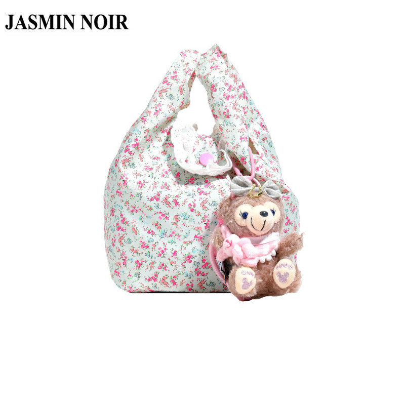 จัสมิน นัวร์ ไนลอนดอกไม้พิมพ์กระเป๋าสะพายสตรีสบายๆตุ๊กตาจี้ กระเป๋าสะพายข้าง ถังกระเป๋าถือสุภาพสตรี