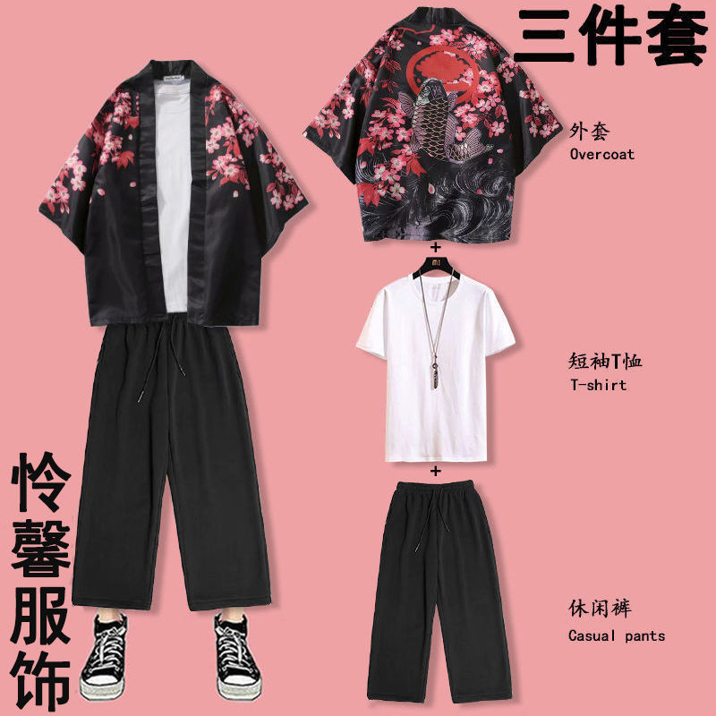 เสื้อคลุมกิโมโน พิมพ์ลายสุนัขจิ้งจอก เหมาะกับเดินชายหาด สไตล์ญี่ปุ่น แฟชั่นฮาราจูกุ สําหรับผู้หญิง และผู้ชาย  เสื้อคลุม  เสื้อสบาย ๆ 3 ชุด เสื้อยืด กางเกง - รูปที่ 3