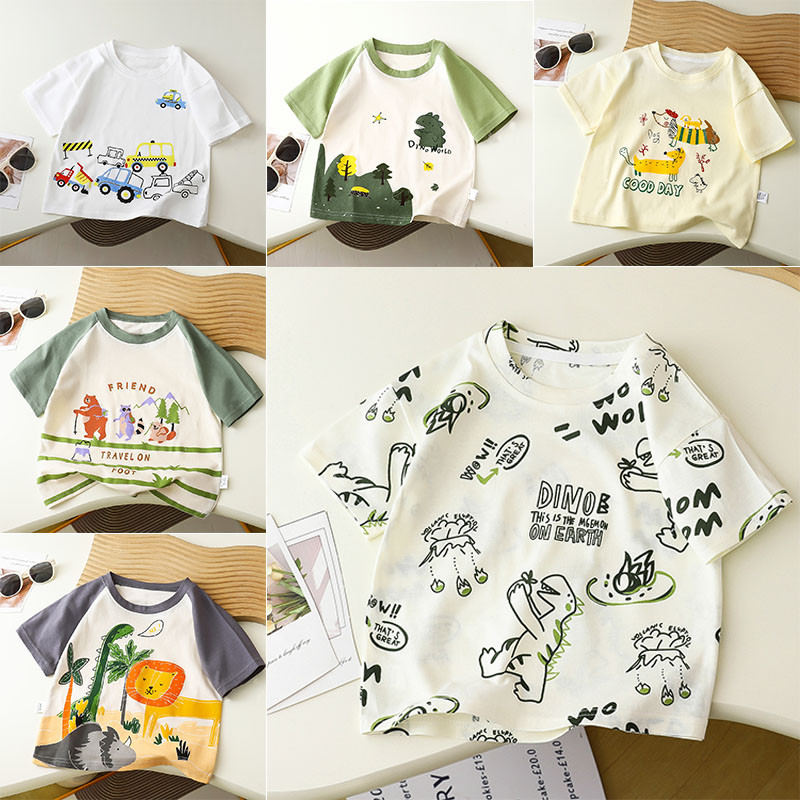 90-150 ฤดูร้อนเด็กชายและเด็กหญิงคอกลมพิมพ์การ์ตูนผ้าฝ้ายแขนสั้นเสื้อยืด เสื้อเด็ก1ขวบ-3ขวบ-5ขวบ-7ขวบ