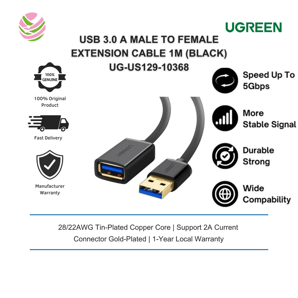 UGREEN USB 3.0 A MALE TO FEMALE EXTENSION CABLE SUPPORT 2A CURRT 1M (สีดํา) UG-US129-10368