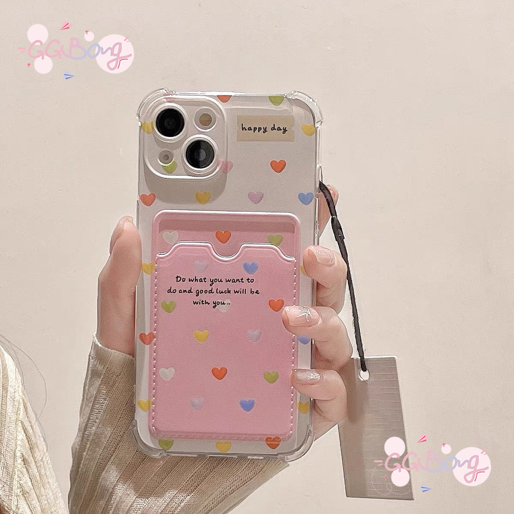 ภาพวาดสีน้ำมันรักหัวใจหรูหรากระเป๋าสตางค์บัตรสายคล้องคู่กรณี เคสไอโฟน XR 16 11 13 15 14 12 Pro Max 7 15 8 Plus X XS Max