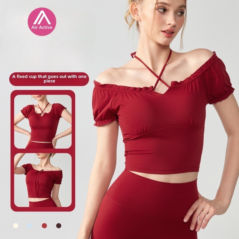Casual Yoga Sports Top T-shirt Fixed Pads Short Sleeves Multiple Ways Wear Fitness Or Daily Wear