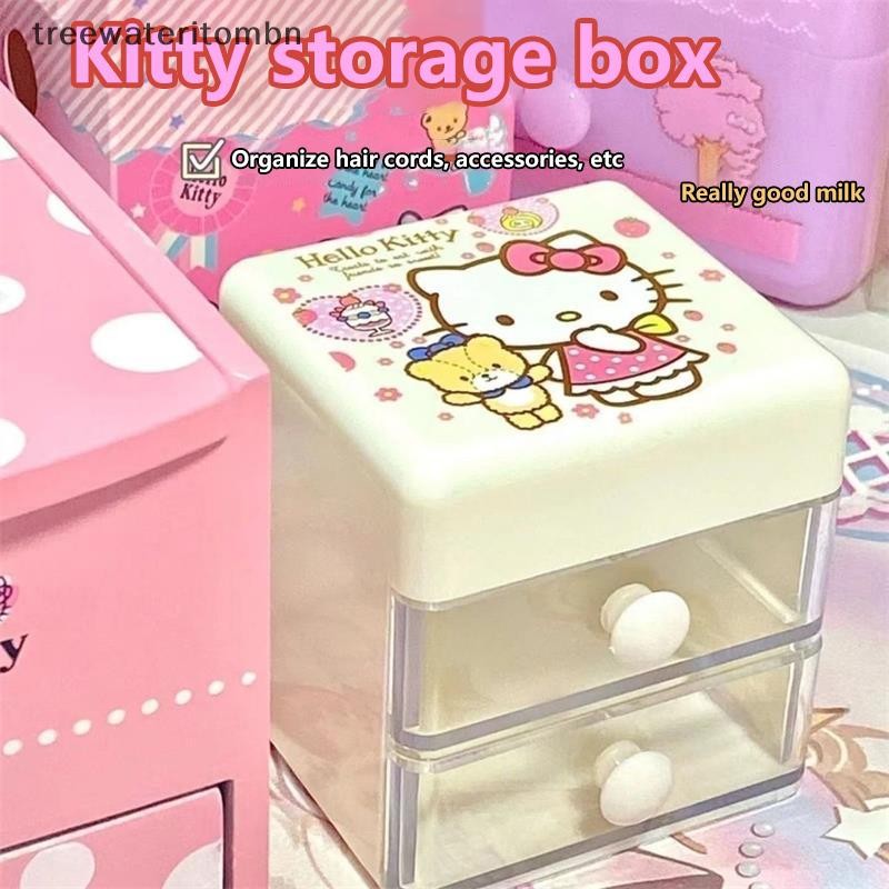 Tt การ์ตูน Sanrio เครื่องประดับน่ารัก Hello Kitty ลิ้นชักคู่ประเภทกล่องเก็บเดสก์ท็อปเครื่องสําอางเครื่องประดับ Sundries Arrange กล่องสาวของขวัญ mbn