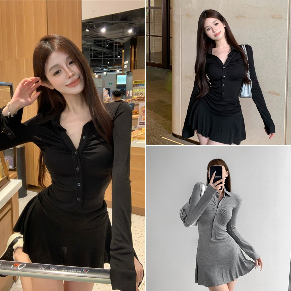 Betty house🌸พร้อมส่ง ชุดเดรสคอโปโลแขนยาวจีบสไตล์อเมริกัน ชุดเดรสทรงสปอร์ตเรียบง่าย