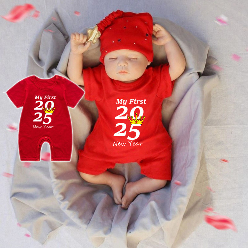 เสื้อผ้าปีใหม่สําหรับเด็กทารก 12 เดือนทารกแขนสั้น ชุดรอมเปอร์ สีแดงเด็กวัยหัดเดินเด็กทารกของขวัญปีใหม่ครั้งแรกของฉัน ชุดจั๊มสูท