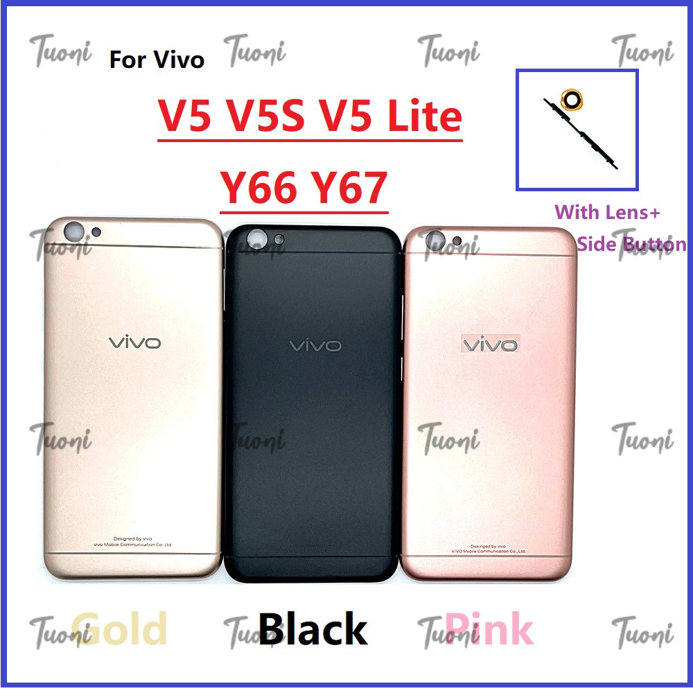 ฝาหลังใหม่สําหรับ Vivo V5 V5S V5 Lite Y66 Y67 แบตเตอรี่ด้านหลังพร้อมโลโก้ + เลนส์กรอบและปริมาณไฟด้านข้างปุ่มอะไหล่ทดแทน
