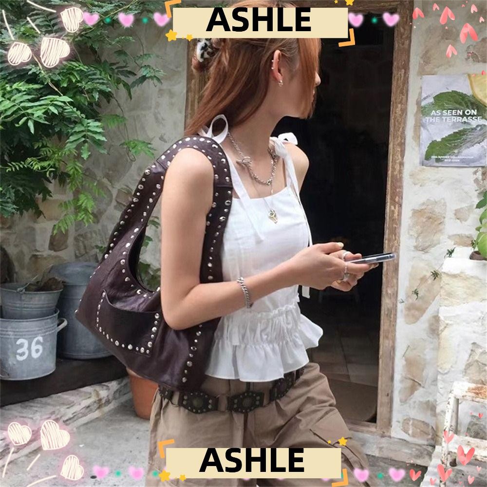 กระเป๋าสะพาย เถ้า,หมุดย้อนยุคตกแต่งน้ํามันขี้ผึ้งกระเป๋าหนัง,ยุโรปและอเมริกาลมรถจักรยานยนต์ความจุขนาดใหญ่รักแร้กระเป๋าถือส