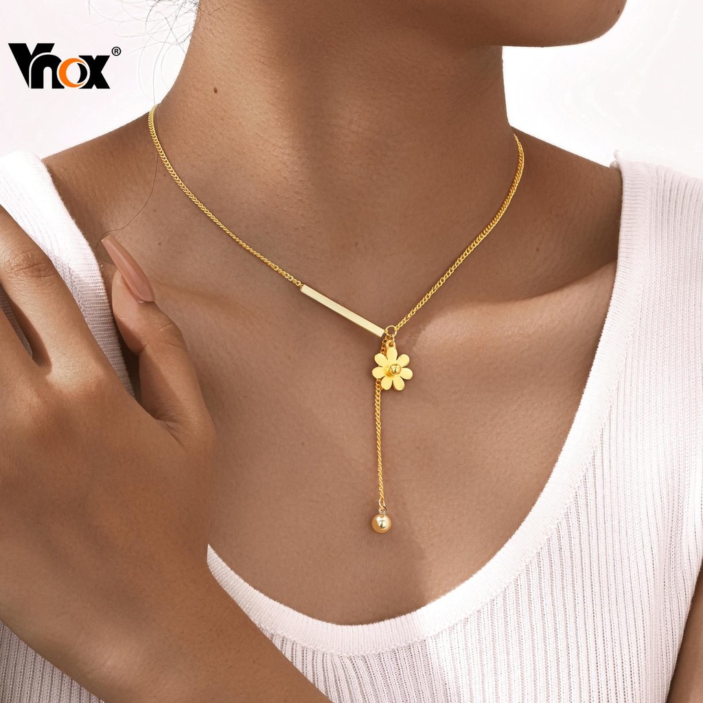 VNOX วีน็อกซ์ สร้อยคอพู่ดอกไม้สําหรับผู้หญิงสาว,ชุบทองสแตนเลสรอบบอลเดซี่โซ่สร้อยคอยาวเครื่องประดับ