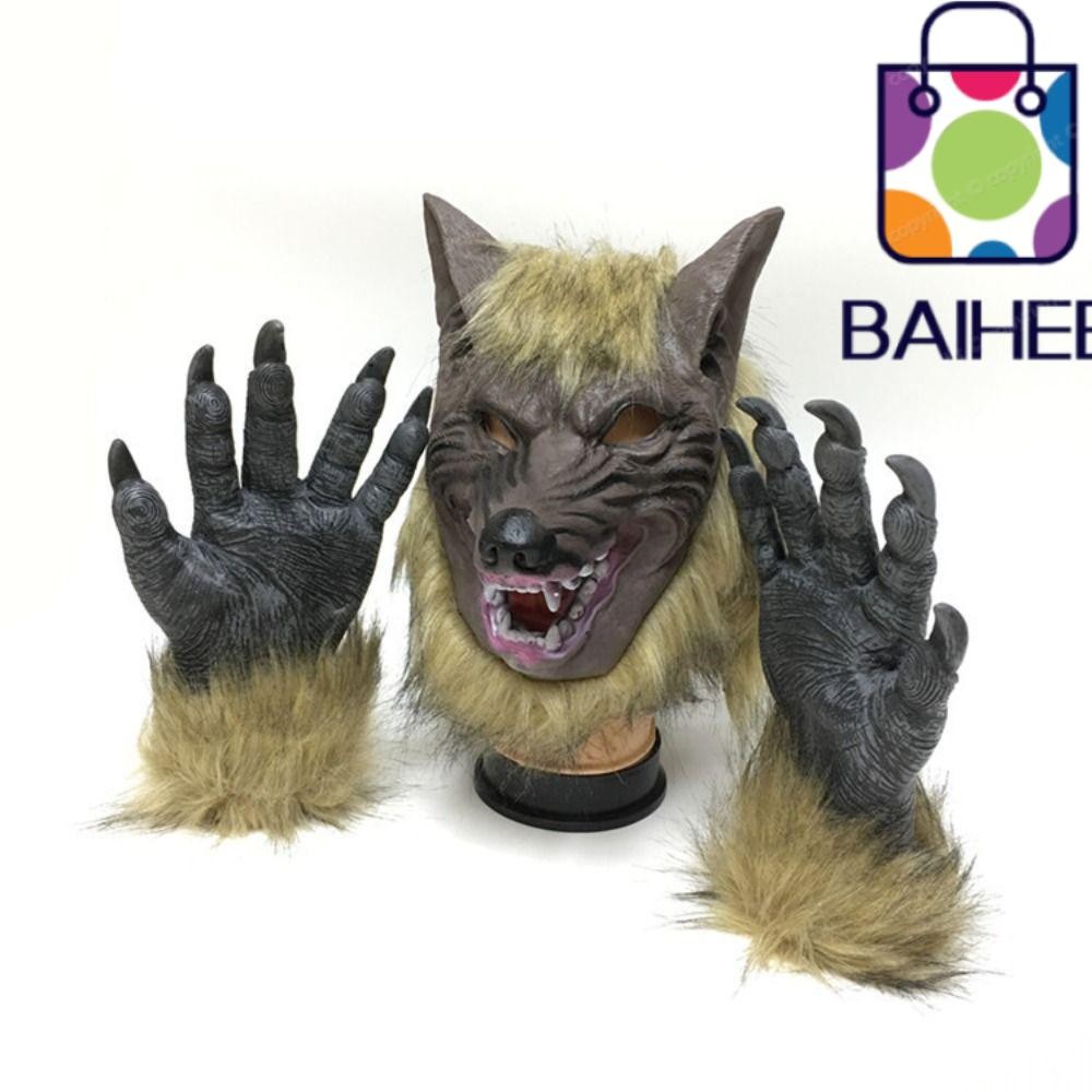 ไป๋เหอ ถุงมือมนุษย์หมาป่าฮาโลวีน, ยางลาเท็กซ์หัวหมาป่า, ปาร์ตี้ผมเทียมสดใสตลก