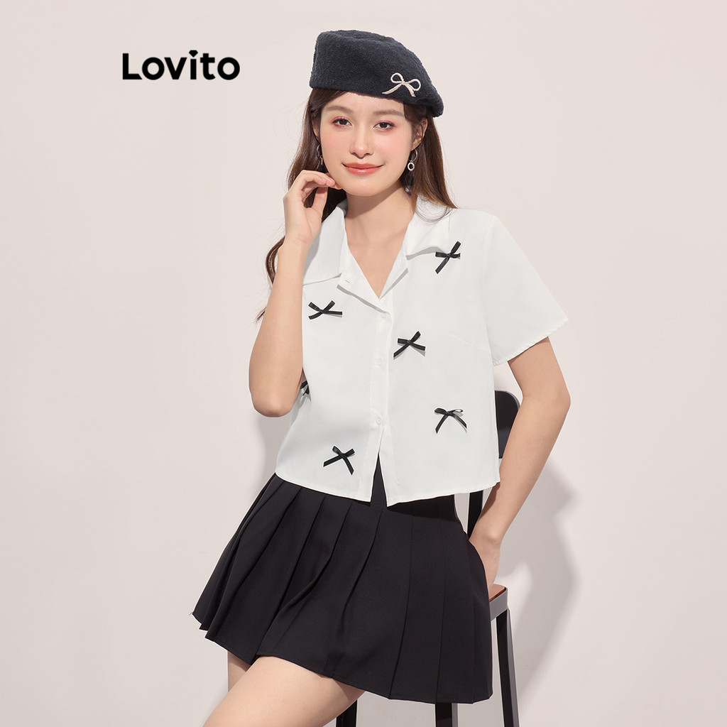 Lovito เสื้อเบลาส์ติดโบว์สีพื้นลำลองสำหรับผู้หญิง ขนาด L L117ADD041