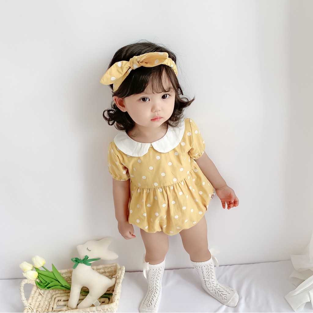 free Headbandsbaby Girls Romper จุดสีเหลืองแขนสั้นน่ารักสาวเสื้อผ้าชุด 0-24 เดือน