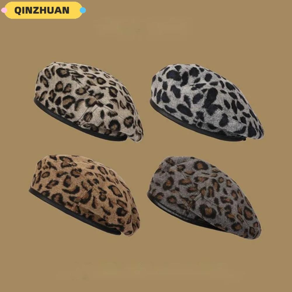 Qinzhuan หมวกแปดเหลี่ยม, หมวกเบเร่ต์พิมพ์ลายเสือดาวเวอร์ชั่นเกาหลีเข้ากันทั้งหมด, หมวกจิตรกรนักเรียนแฟชั่น