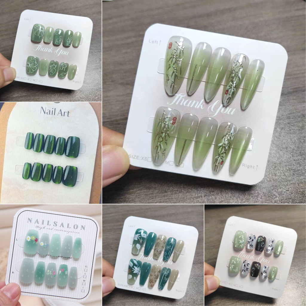 10ชิ้นสีเขียวเล็บปลอมรูปอัลมอนด์เล็บปลอมชุดต่อเล็บกดบนเล็บแมวตา