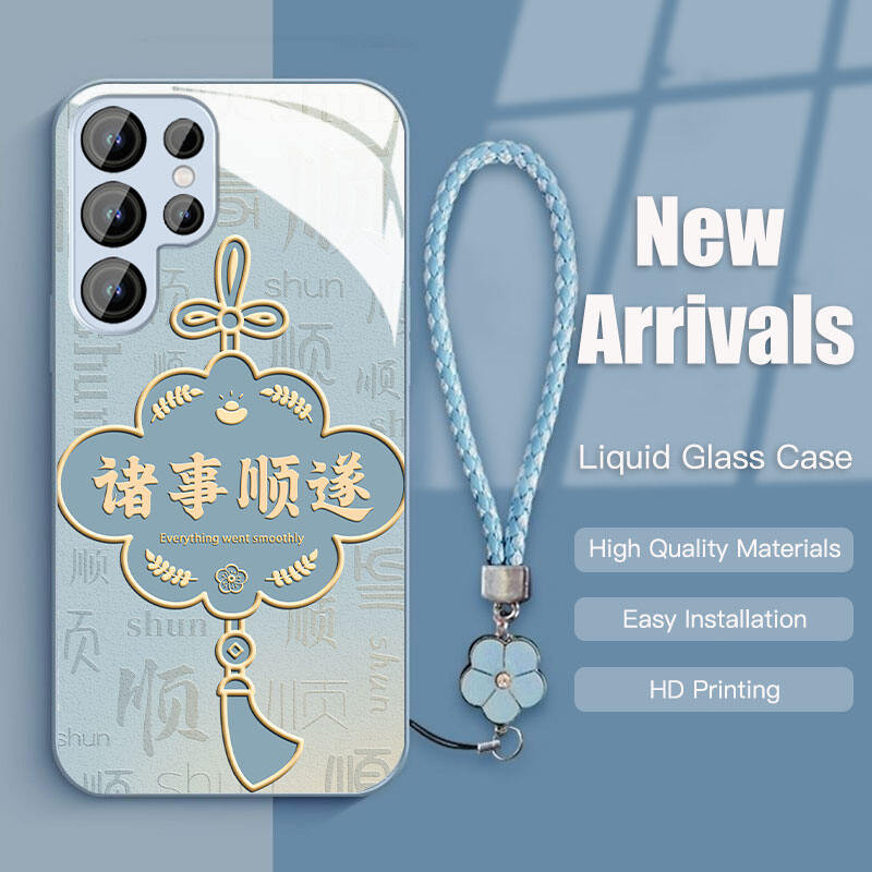 SAMSUNG สําหรับSamsung Galaxy S24Ultra S25Ultra S23Ultra A55 Soft TPU Edge Liquid Glassกลับเคสโทรศัพท์พร้อมสายคล้องมือสําหรับA54 A14 A53 S22Ultra S23FE A52 A34,Peaceและความสุข