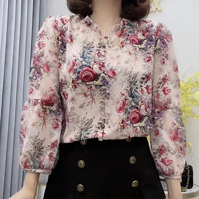 Chemisegrace 99097 เสื้อเชิ้ตแขนยาว คอกลม ผ้าชีฟอง ทรงหลวม ลายดอกไม้ ลายดอกไม้ ทรงหลวม ใส่ทำงาน เรียบร้อยดี แฟชั่น