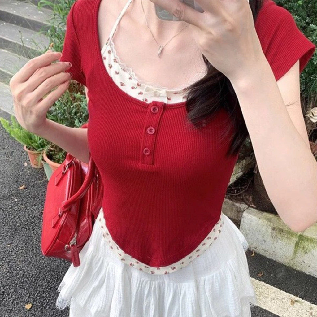 เสื้อแฟชั่นลายดอก ทรงสั้น แขนสั้น พอดีตัว สไตล์สาวแซ่บ thumbnail 7