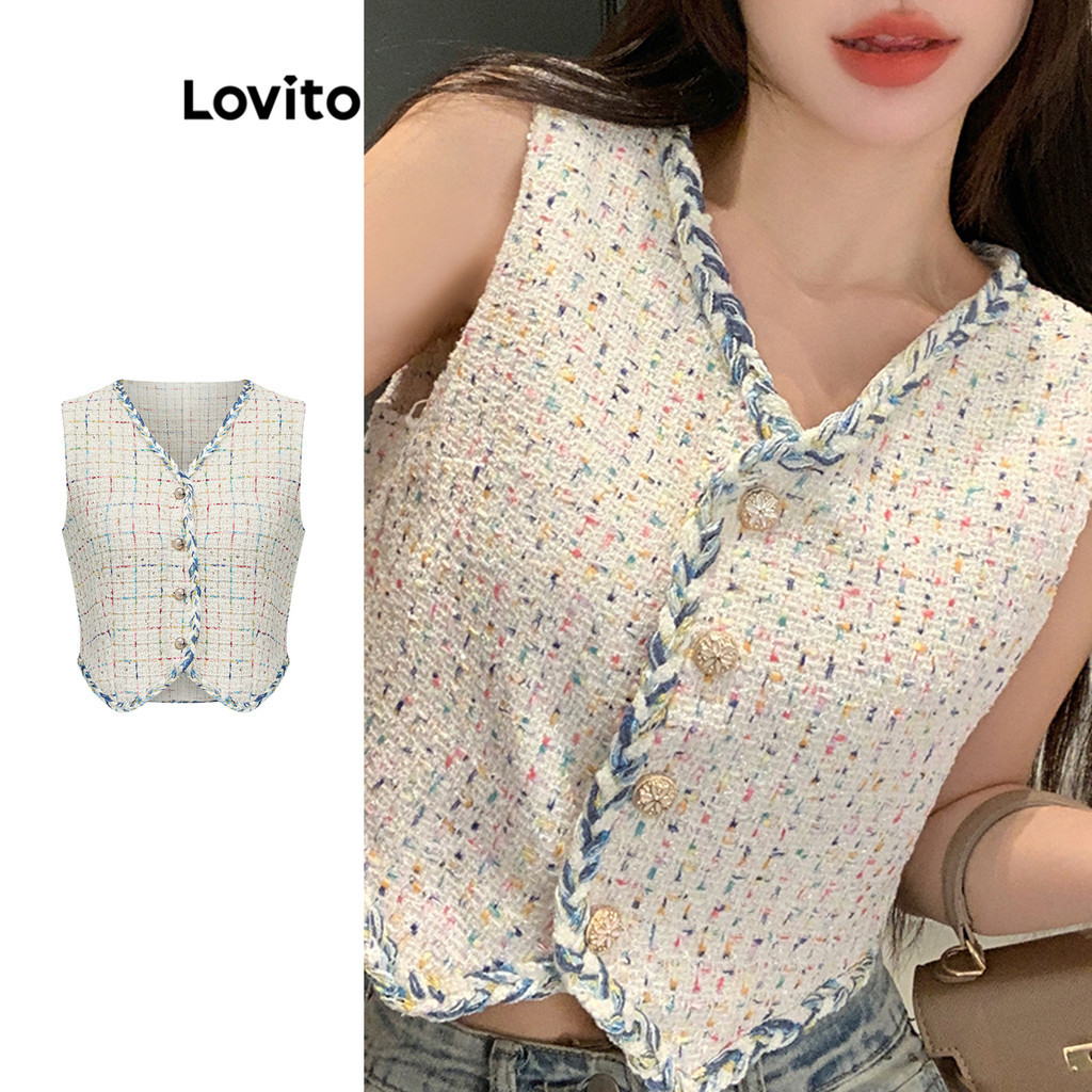 Lovito เสื้อกล้ามลําลองปุ่มธรรมดาเทปตัดกันปุ่มเสื้อกล้ามประดับสําหรับผู้หญิง LBA82067