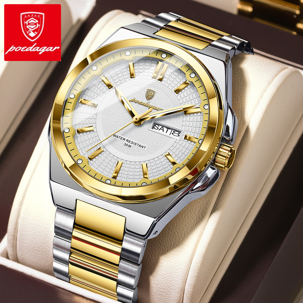 นาฬิกา Poedagar สิบอันดับแรกแฟชั่นวันที่เรืองแสงสแตนเลสโครโนกราฟนาฬิกาควอทซ์ผู้ชายคุณภาพสูง