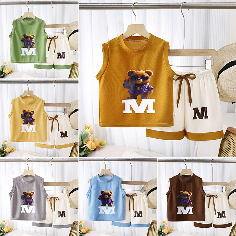 90-160 ฤดูร้อนเด็กชายและเด็กหญิงหมีเสื้อกั๊กแขนกุดกางเกงขาสั้นชุดลําลองสองชิ้น ชุดเด็กผู้ชาย1-8ขวบ