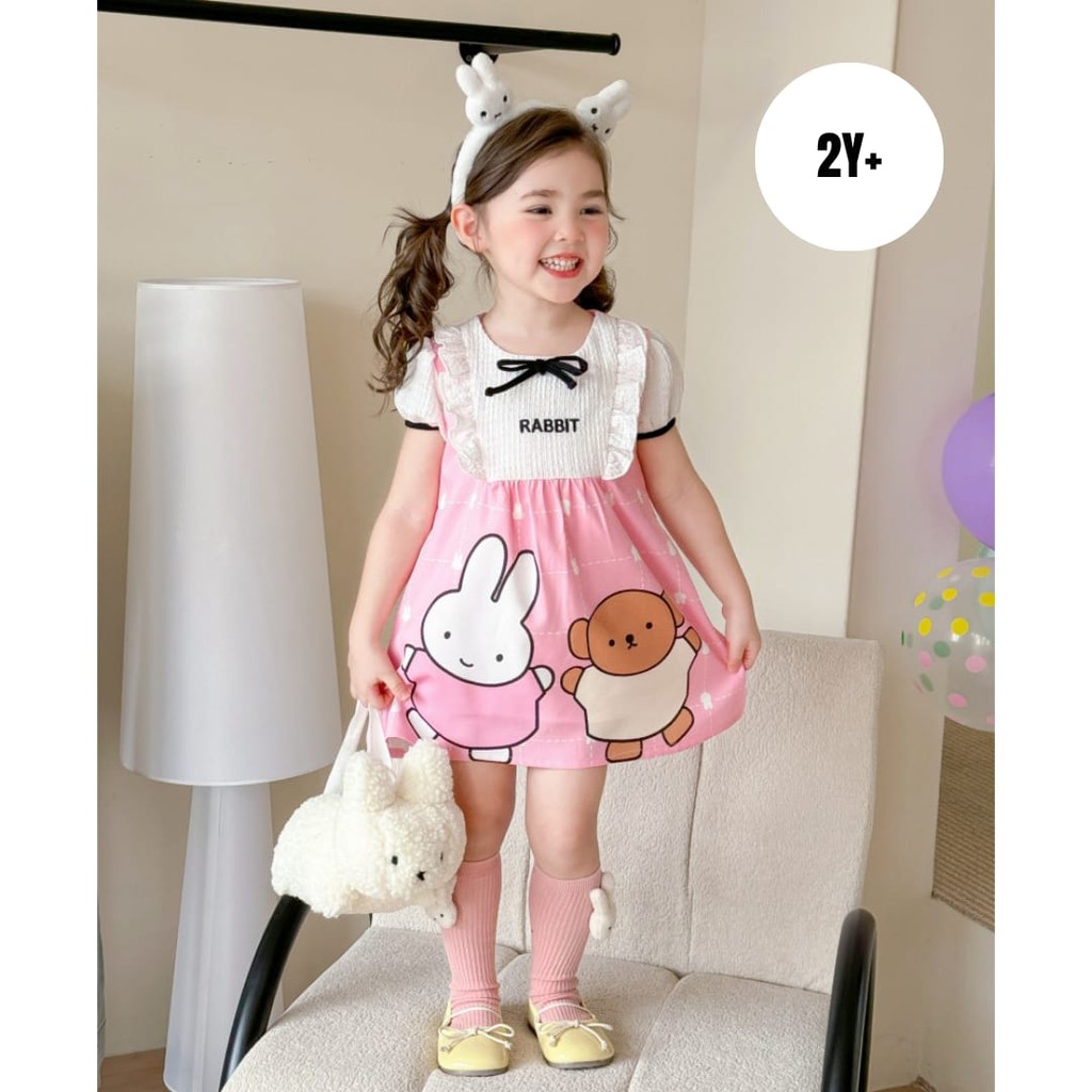 MERAH ( DRE1034 ) ชุดเดรสแขนสั้นเด็กผู้หญิง - ผ้าฝ้าย - กระต่าย miffy - ชมพู ขาว ขาว (NOT INCLEUDING