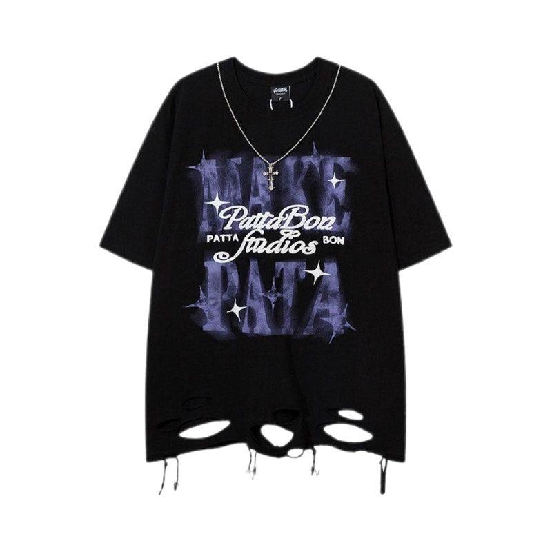 NIHAOHAO Original Oversize Ripped สื้อยืดคอกลมแขนสั้น High Street Fashion 7.1D