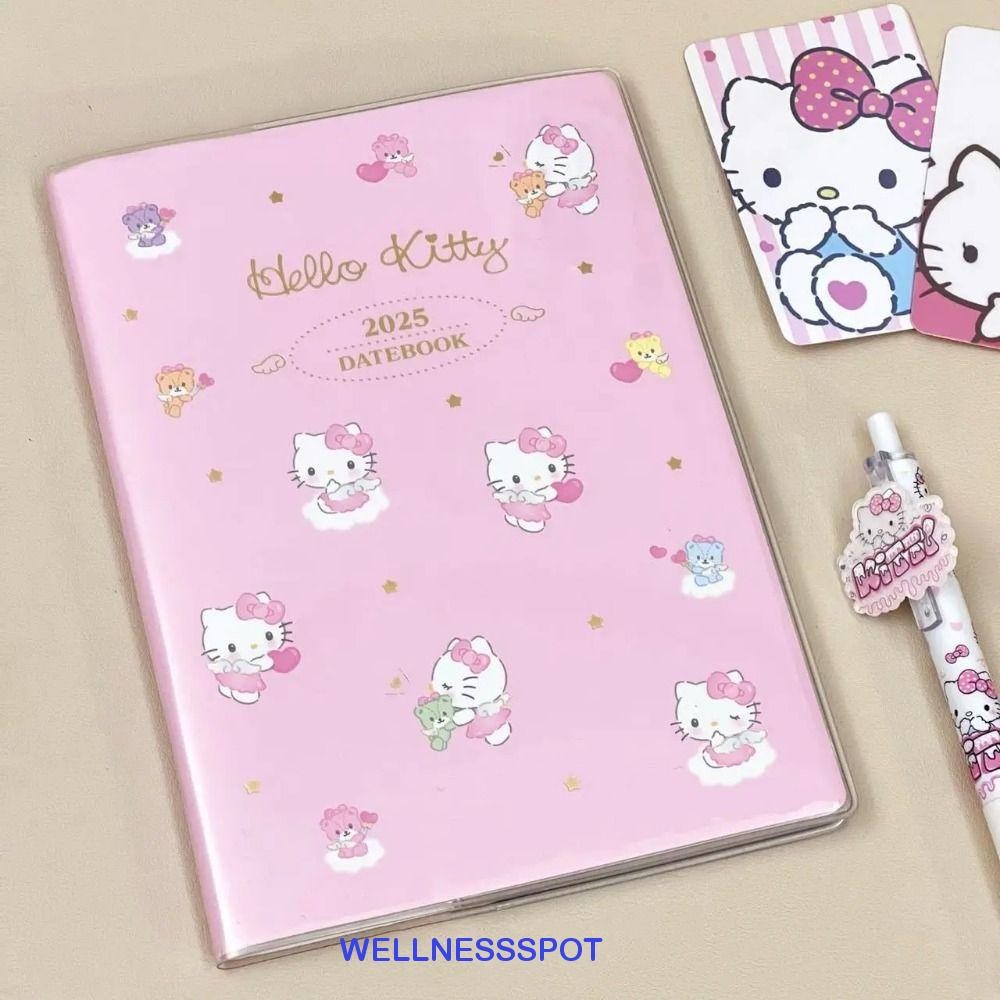 Wellnessspot 2025 สมุดบันทึกวางแผน, สมุดบันทึกไดอารี่ A5 96 แผ่น, สมุดกําหนดมือแมวน่ารัก Kawaii กระดาษหนาสมุดบันทึกการ์ตูนนักเรียน