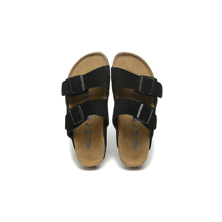 Box toebag พร้อมส่ง Birken รองเท้าแตะหนังนิ่มสีดําสายคู่ตัวอักษรสีน้ําเงิน rvy2 XRKI 3NUT