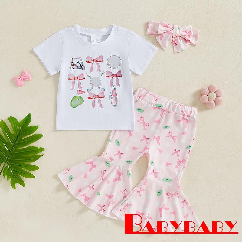 Bab-toddler Girls Summer Set เสื้อยืดคอกลมแขนสั้นพร้อมกางเกงขาบานลายกอล์ฟและที่คาดผม