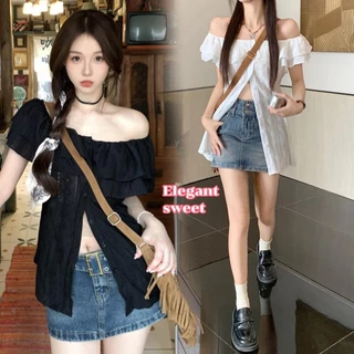 mimi&didi#เสื้อเบลาส์ผู้หญิง เสื้อเบลาส์เปิดไหล่ยางยืดทรงสวยลูกไม้ มีกระดุม แต่งระบาย สไตล์หรูหรา หวานและน่ารัก#W550