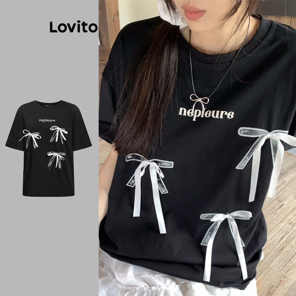 Lovito เสื้อยืดผูกโบว์สีพื้นลำลองสำหรับผู้หญิง L110AD626