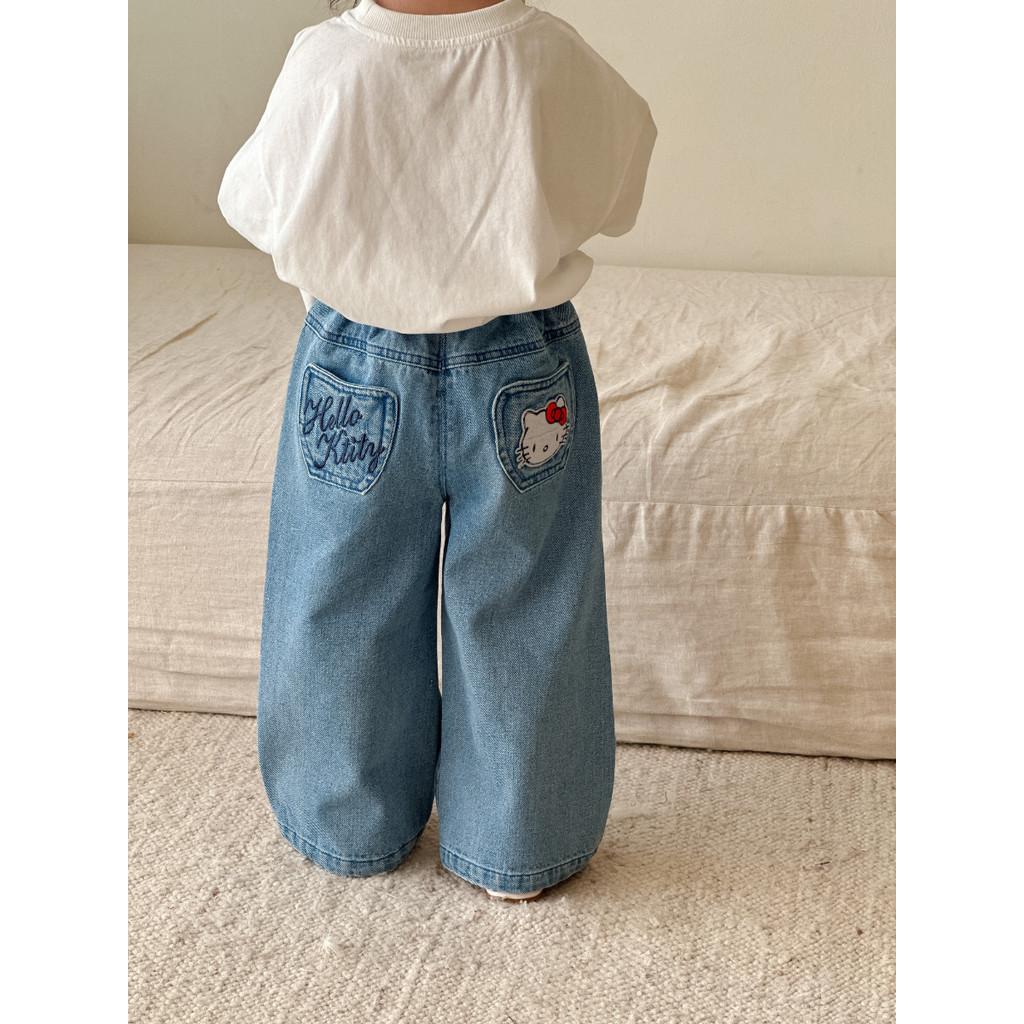 เด็กผู้หญิงการ์ตูนแมวกางเกงยีนส์ขาตรง2025ใหม่กางเกงเด็กเด็กผู้หญิงกางเกงยีนส์ขากว้างสไตล์เกาหลี