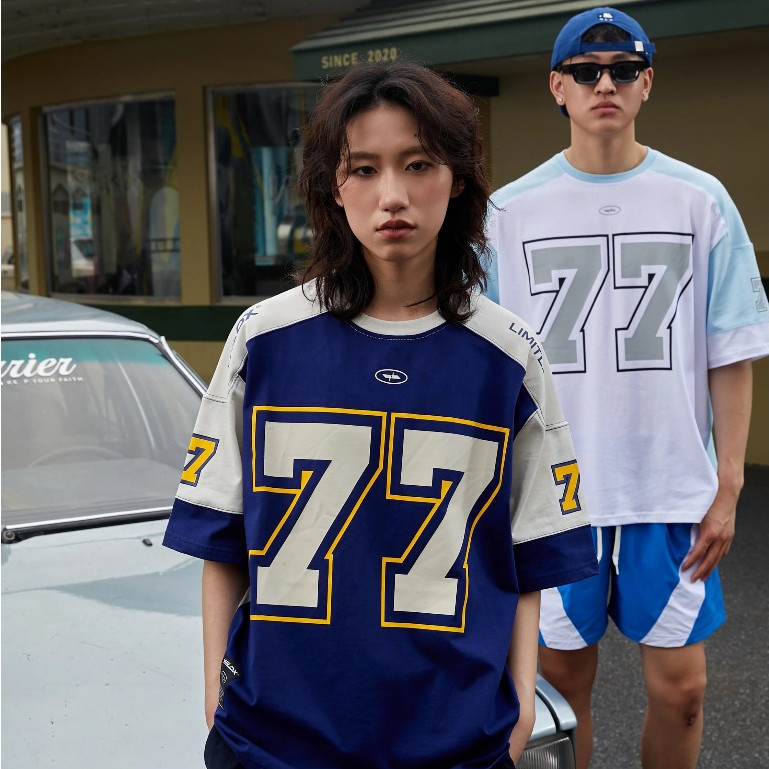 BECoolMan-ฤดูร้อนเย็บสีแขนสั้น รุ่นเดียวกันทั้งชายและหญิง คอกลม ลำลองแมทช์ลุคง่าย กีฬา oversize