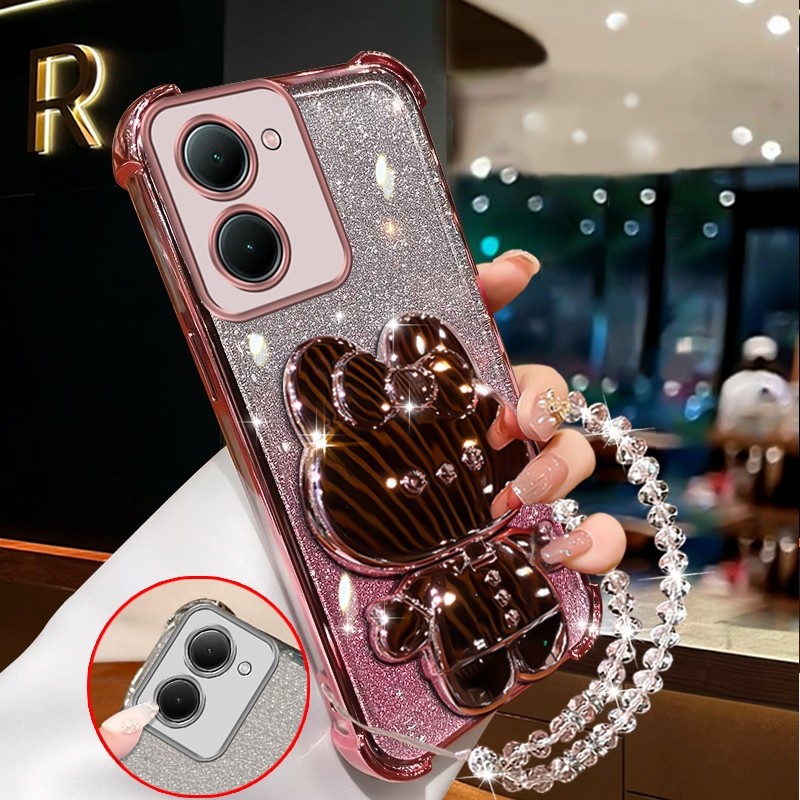 สําหรับ VIVO Y36 4G y27s Y78 Y76 Y77 5g y72 5g Soft Clear สี่มุมหนาชุบซิลิโคนเคสโทรศัพท์กระต่ายแต่งหน้ากระจกผู้ถือซิลิโคนกรณี XXXDA