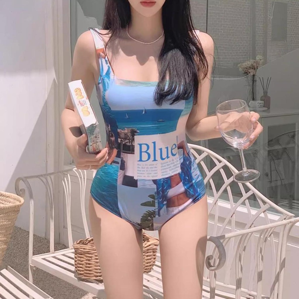 BikiniSexy ชุดว่ายน้ําวันพีช สีฟ้า กางเกงว่ายน้ําผู้หญิง การพิมพ์ มีฟองน้ำ มีฟองน้ำ