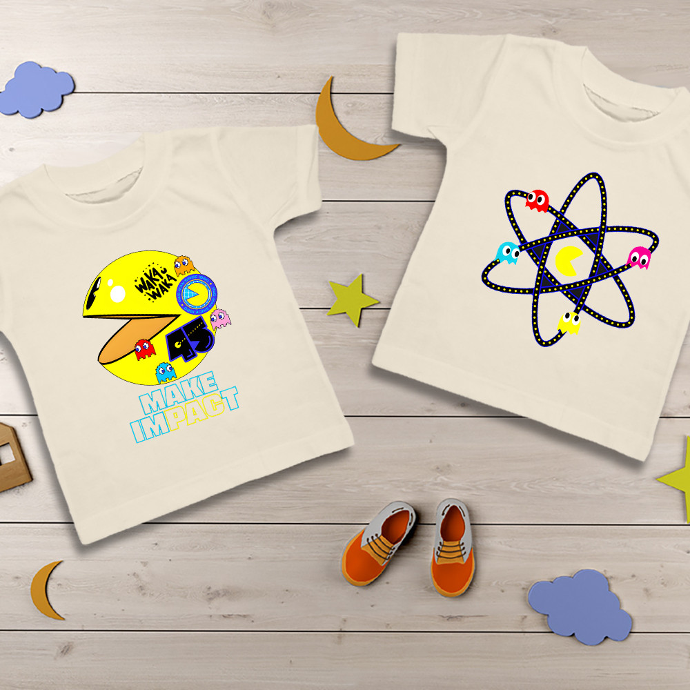 เด็กน่ารักการ์ตูน T เสื้อ PAC-MAN เกมรูปแบบการพิมพ์เด็กรอบคอแขนสั้นเสื้อผ้าเด็ก