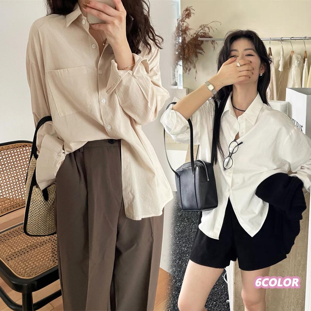 🌻Grace🌻 เสื้อสีขาวแขนยาว เสื้อเชิ้ตแขนยาวผู้หญิงทรงหลวมสีขาวสไตล์เกาหลีขั้นพื้นฐาน W547