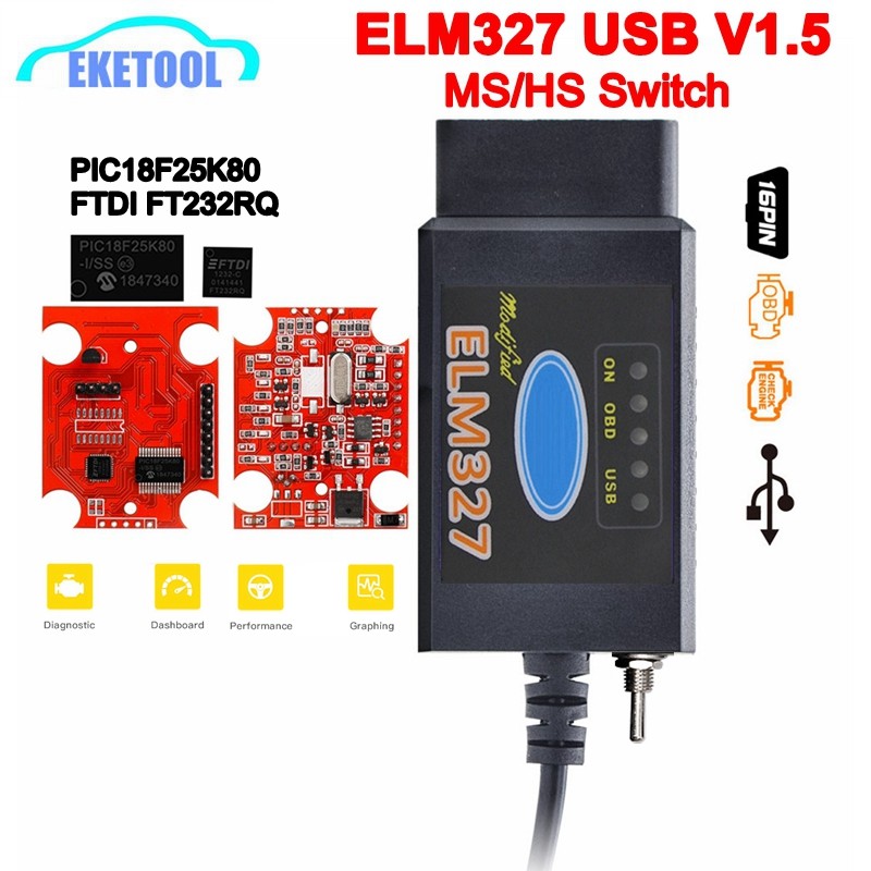 ELM327 USB V1.5 สวิทช์ MS/HS CAN PIC18F25K80 FT232RQ อินเทอร์เฟซการวินิจฉัยรถยนต์ ELM 327 ForScan รอ