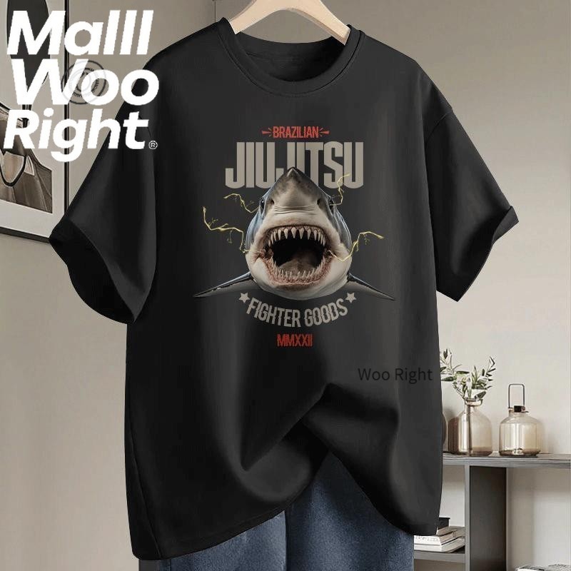 (จัดส่งตลอด 24 ชั่วโมง)Woo Right ฤดูร้อนผ้าฝ้ายเสื้อยืดฉลามพิมพ์แขนสั้นหลวมทำด้านบนเก่า