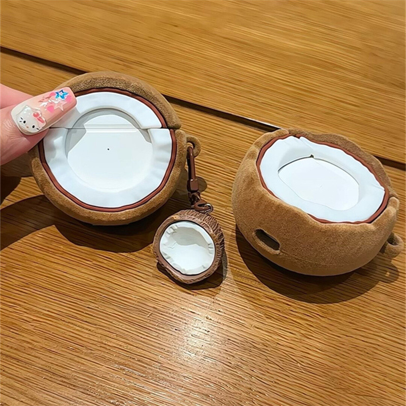 3D Hollowed-out จําลอง Flocking มะพร้าวชุดหูฟังบลูทูธสําหรับ Airpods 4 2024 3 Pro 2 ป้องกันหูฟัง
