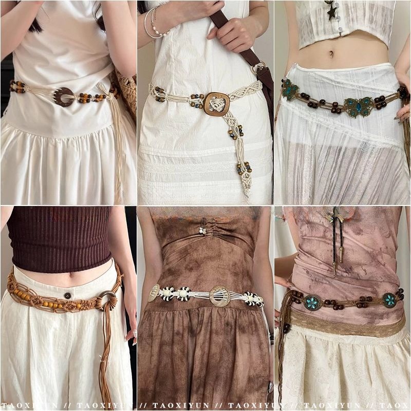 ชุดเดรสสไตล์โบฮีเมียนพร้อมเข็มขัดย้อนยุคสำหรับวันหยุด