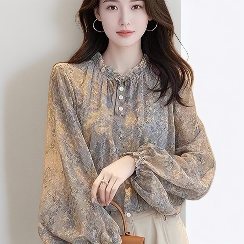 เสื้อชีฟองลายดอกไม้ผู้หญิงสไตล์เกาหลีสํานักงานอย่างเป็นทางการสวมใส่หลวมแขนยาวหรูหรา ดีงาม สุภาพสตรีเสื้อด้านบน