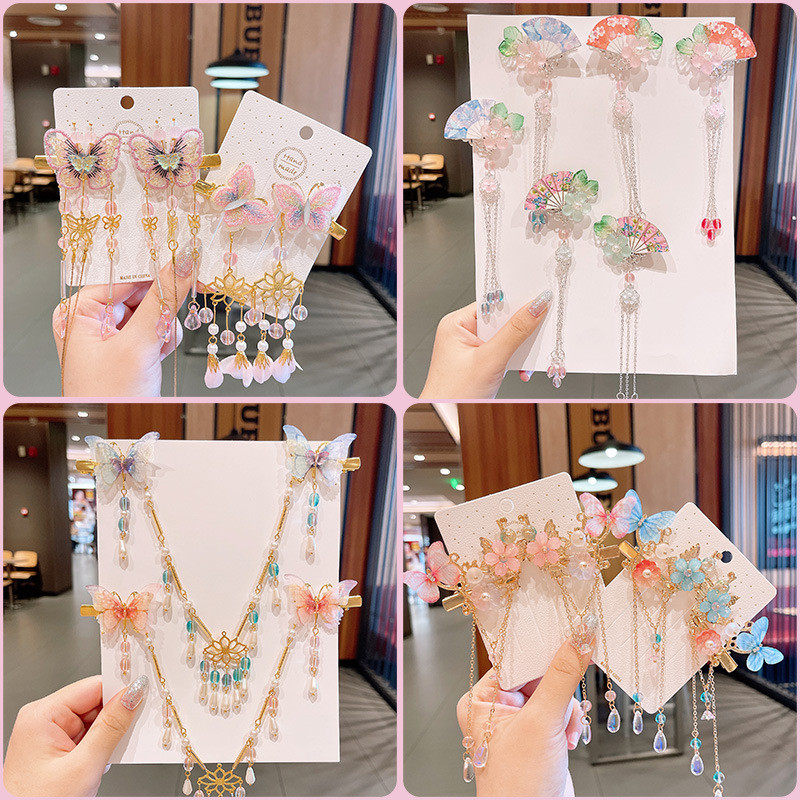 สไตล์จีนเด็ก Headwear ชุดหญิง Han จีนเครื่องแต่งกาย Barrettes โบราณ Hairpin Hairpin Super Fairy พู่ผีเสื้ออุปกรณ์เสริมผม